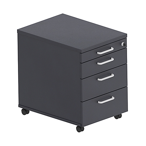 Gray mobile drawer box with four drawers and silver handles. The box stands on castors.