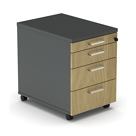 Mobile filing cabinet in gray and wood look with four drawers on wheels.