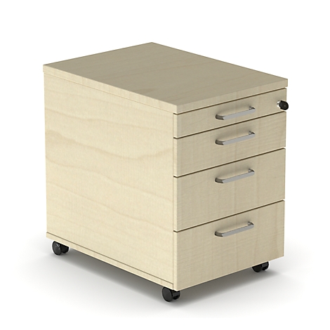 Beige rolling desk cabinet with three drawers and lock.