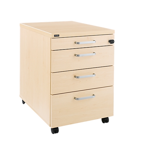 Beige four-drawer pedestal cabinet, silver handles, on wheels.
