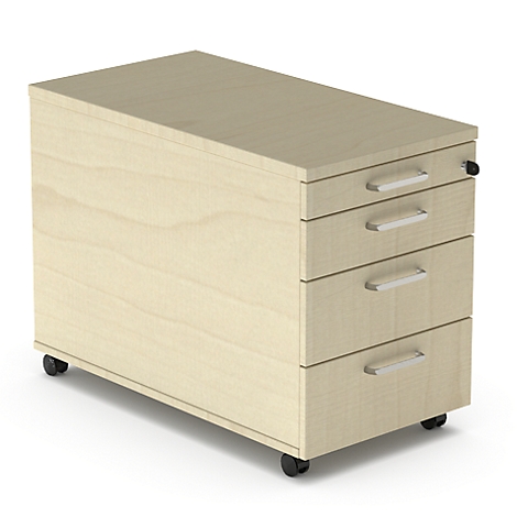 Beige wooden mobile pedestal with four drawers and casters.
