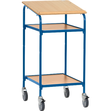 Blue rolling furniture with wooden shelves and three levels.