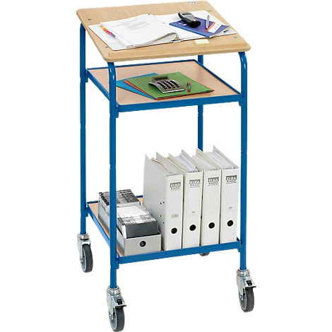 Blue rolling cart with light brown shelves, filled with binders, paper, and office supplies.