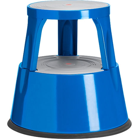 Blue step stool. Round, gray standing surfaces. Black rubber ring on the bottom. Red dot in the middle.