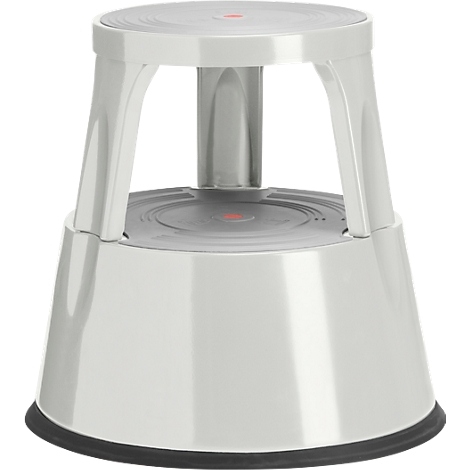 A white step stool with gray treads and red dots, apparently made of plastic.