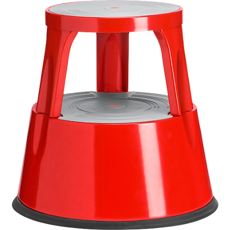 Red plastic step stool, round, two steps, non-slip surface.