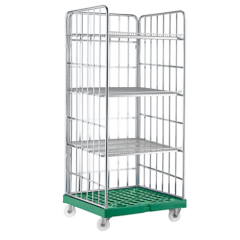Cage trolley with 3 shelves, green base, on wheels.