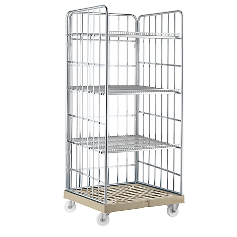 Metal transport cart, with wheels and multiple levels. Grid structure, with beige floors.