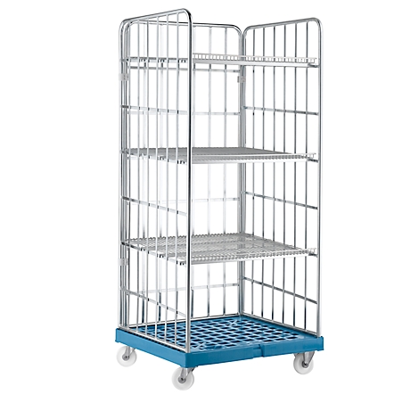 A rolling cage cart with three shelves, blue base, and silver wheels.