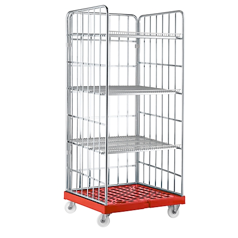 Metal roll container with wheels and red bottoms. Three shelves are visible.