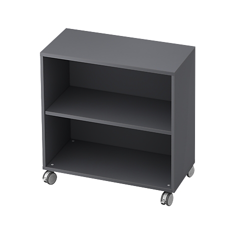 Gray shelf with two compartments and wheels on the bottom.