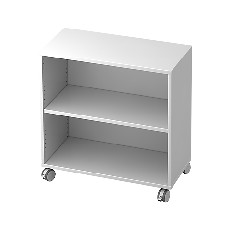 White, mobile shelving unit with two shelves, simple design.