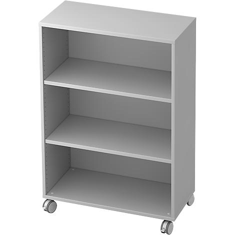 Grey, rectangular bookcase with three shelves and casters.