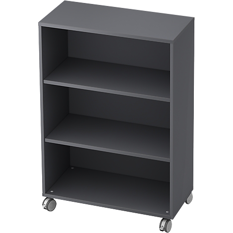 Gray shelf with three compartments, on castors. Ideal for office or home.
