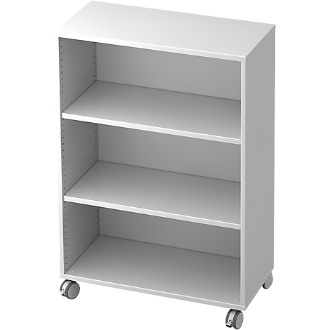 A white shelf with three compartments on castors. The back of the shelf is closed.