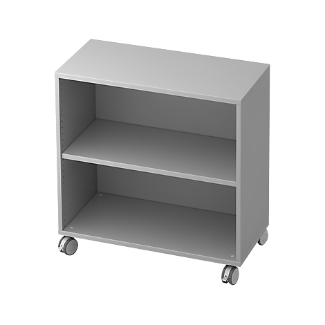 Grey shelf on wheels with two shelves.
