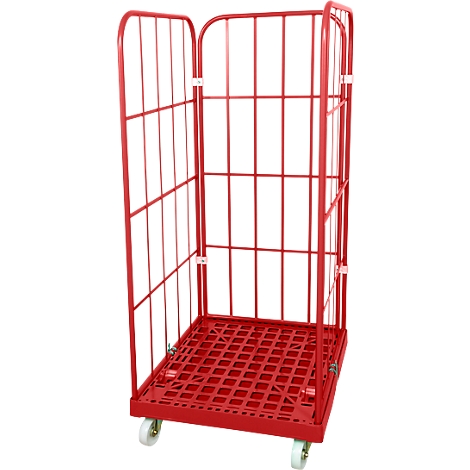 Red roll container with four wheels, isolated against a white background.