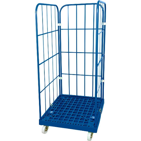 Blue roll cage with grid structure and four wheels. Open door on the right.