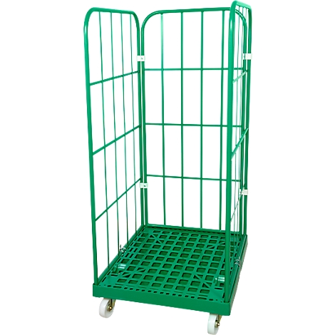 Green roll container with four white wheels, grid structure and curved bars.