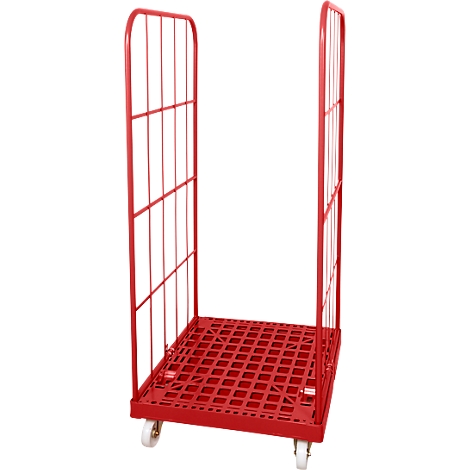 Red roll cage with grid walls and wheels.