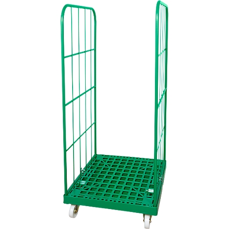 Green roll container with grid walls and white wheels.