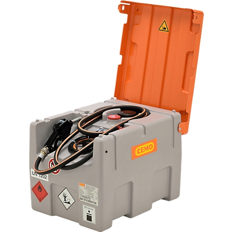 Grey diesel tank with orange lid open. Black hose and nozzle lie inside. "CEMO" logo and hazard warnings.