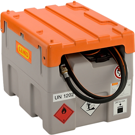 Gray and orange fuel container with black hose and warning signs.