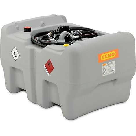 Grey diesel tank with black hoses, stickers, and the 'CEMO' logo.