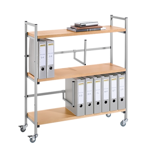 Rolling cart with three levels, filled with binders and some books.
