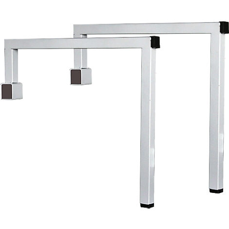 Two white, square metal supports, with black end caps.