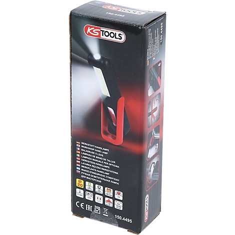 Schwarze und rote Werkzeugbox mit einer Taschenlampe. Text: KS TOOLS, 150.4495.