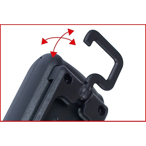 Detailaufnahme eines schwarzen Hakens, der sich an einem Gehäuse zu drehen scheint. Rote Pfeile verdeutlichen die Drehrichtungen.