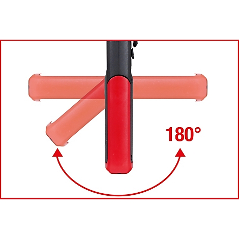 Eine rote Arbeitsleuchte mit beweglichem Arm, der sich um 180 Grad drehen lässt. Auf der Abbildung ist dies durch einen Pfeil und die Beschriftung „180°“ gekennzeichnet.