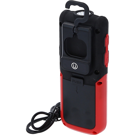 Schwarze und rote LED-Taschenlampe mit Haken und Clip. Auf der Rückseite steht "PUSH".