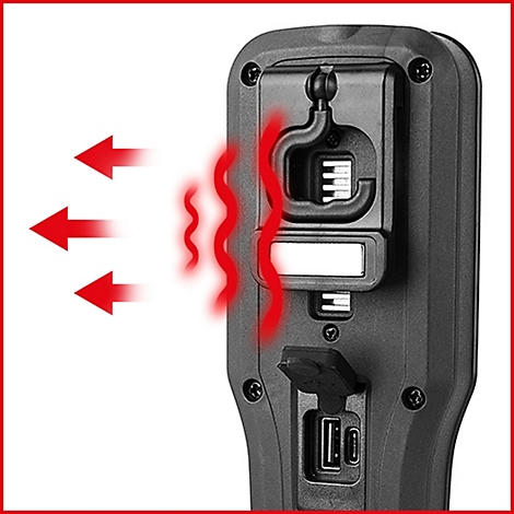 Nahaufnahme des Geräts mit roter Hitzedarstellung und roten Pfeilen. Die USB-Anschlüsse sind erkennbar.