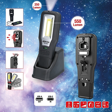 Drahtlose LED-Arbeitsleuchte, schwarz. Links: Details und Funktionen. Rechts: Rückseite mit Ladeanschluss. Helligkeit: 250 & 550 Lumen.