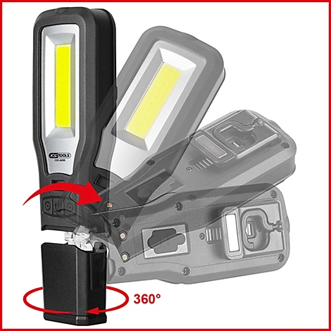 Detaillierte Ansicht einer schwarzen Arbeitsleuchte mit gelbem Licht. Die Lampe ist um 360 Grad drehbar.