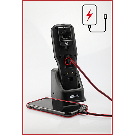 Schwarz-rotes Ladegerät mit Smartphone. Ein Kabel verbindet beide. Im Hintergrund Ladesymbol.