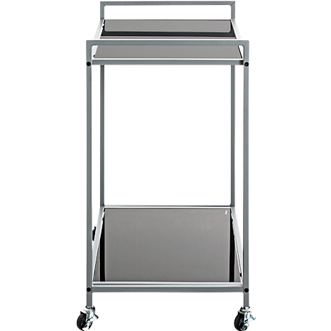 Grauer Servierwagen mit zwei Ablageflächen und Rollen. Metallrahmen, rechteckige Flächen.
