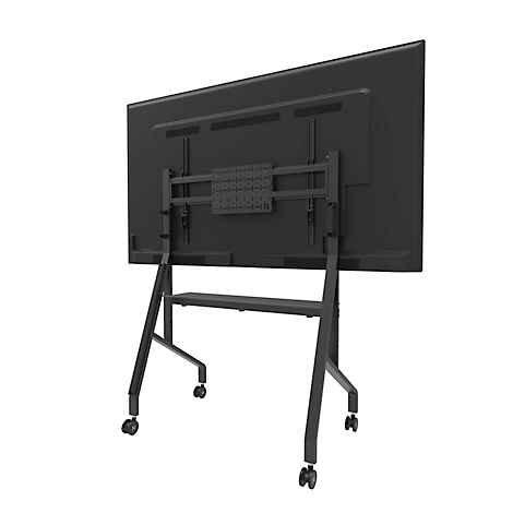 Schwarze Wandhalterung für Fernseher, Detailaufnahme. Eine kleine, gelbe Vorrichtung mit Schraube.