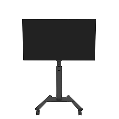 Ein schwarzer Fernseher auf einem Rollstativ, vor weißem Hintergrund.