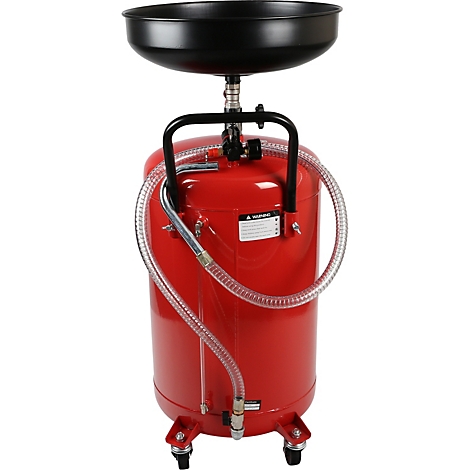 Roter Ölauffangbehälter mit Trichter. Ein flexibler Schlauch führt zum Boden. Schwarzer Trichter, Metallrahmen.