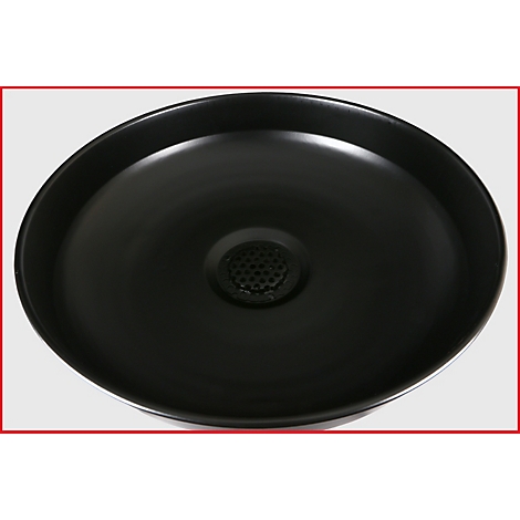 Schwarzes Waschbecken, runde Form, glatte Oberfläche, zentraler Abfluss.