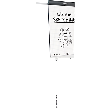Ein weißes Flipchart mit der Aufschrift "Let's start SKETCHING". Darunter kleine Zeichnungen von Objekten.