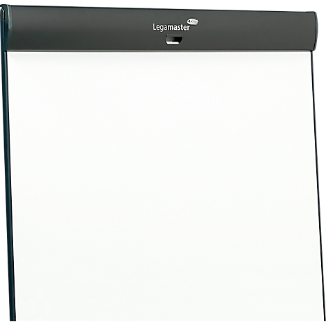 Leere weiße Flipchart-Oberfläche, umrandet von einer dunklen Leiste mit dem Schriftzug Legamaster.