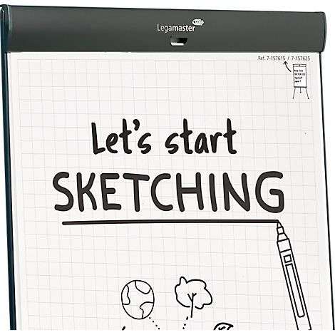 Eine Nahaufnahme eines Flipcharts mit dem Text "Let's start SKETCHING" und Zeichnungen.