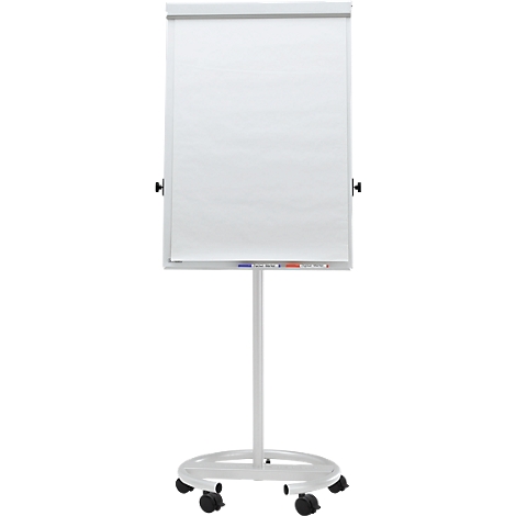 Weisses Flipchart auf Rollen. Mit Papier, Stifthalter und Feststellschrauben.