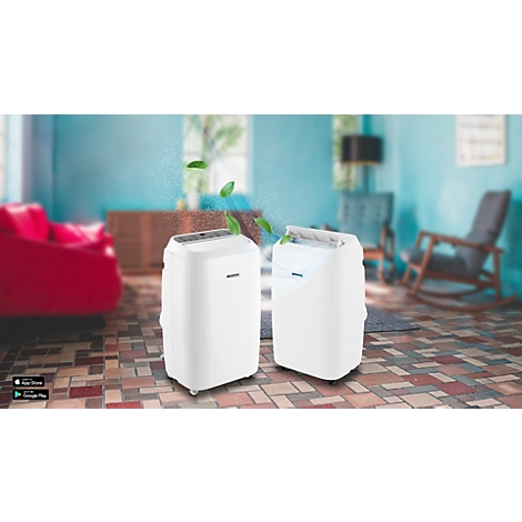 Zwei weisse Klimaanlagen in einem Raum. Blätter schweben vor ihnen, ein roter Sitzsack und ein Schaukelstuhl im Hintergrund.