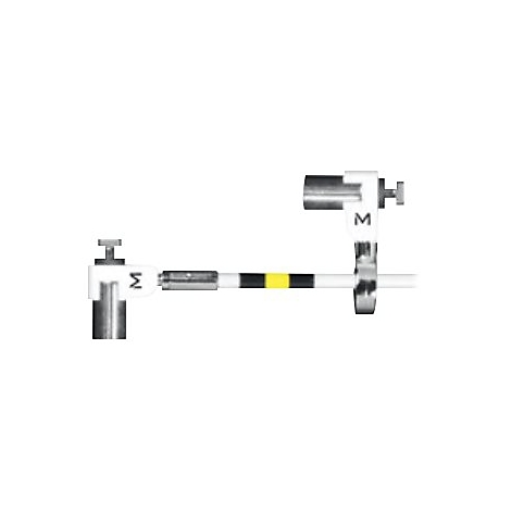 Dispositif technique avec des éléments métalliques et plastiques. Marques noires, jaunes et blanches.