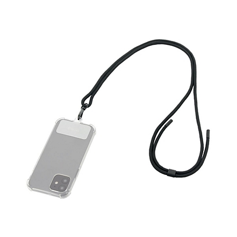 Coque de téléphone transparente avec lanière noire, placée sur fond blanc.